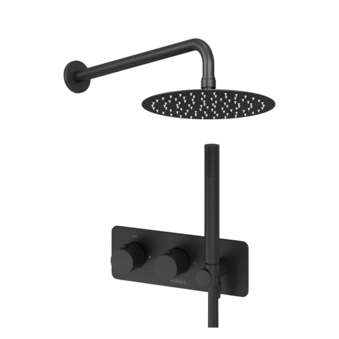 Thermostatic Valve, Shower Head, Wall Arm & Handset Matt Black