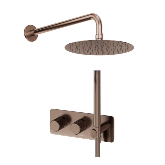 brushed Bronze Thermostatic Valve, Shower Head, Wall Arm & Handset